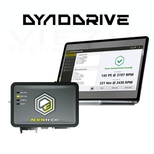 Alientech DynoDrive device next to a laptop screen showing vehicle performance data.